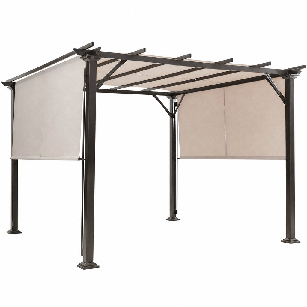 Biotree 10 x 10 Ft Outdoor Pergola Gazebo with Dual Retractable Canopy, Powder-Coated Steel Patio Shelter for Backyard and Poolside, Beige