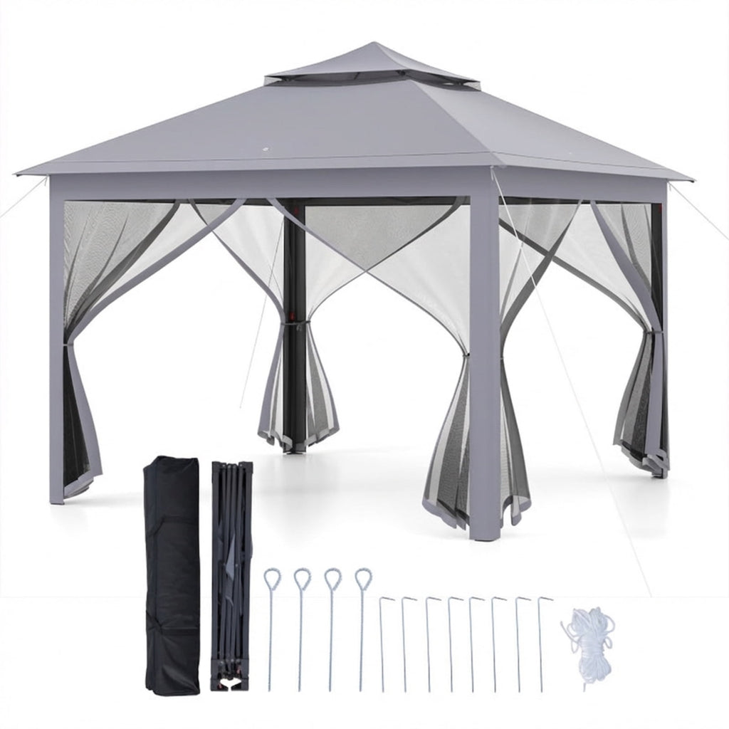 Biotree 11 x 11 Feet 2-Tier Pop-Up Gazebo Tent Portable Canopy Shelter with Mesh Netting and Carry Bag, Outdoor Event Gazebo for Backyard Patio Garden Party, Gray