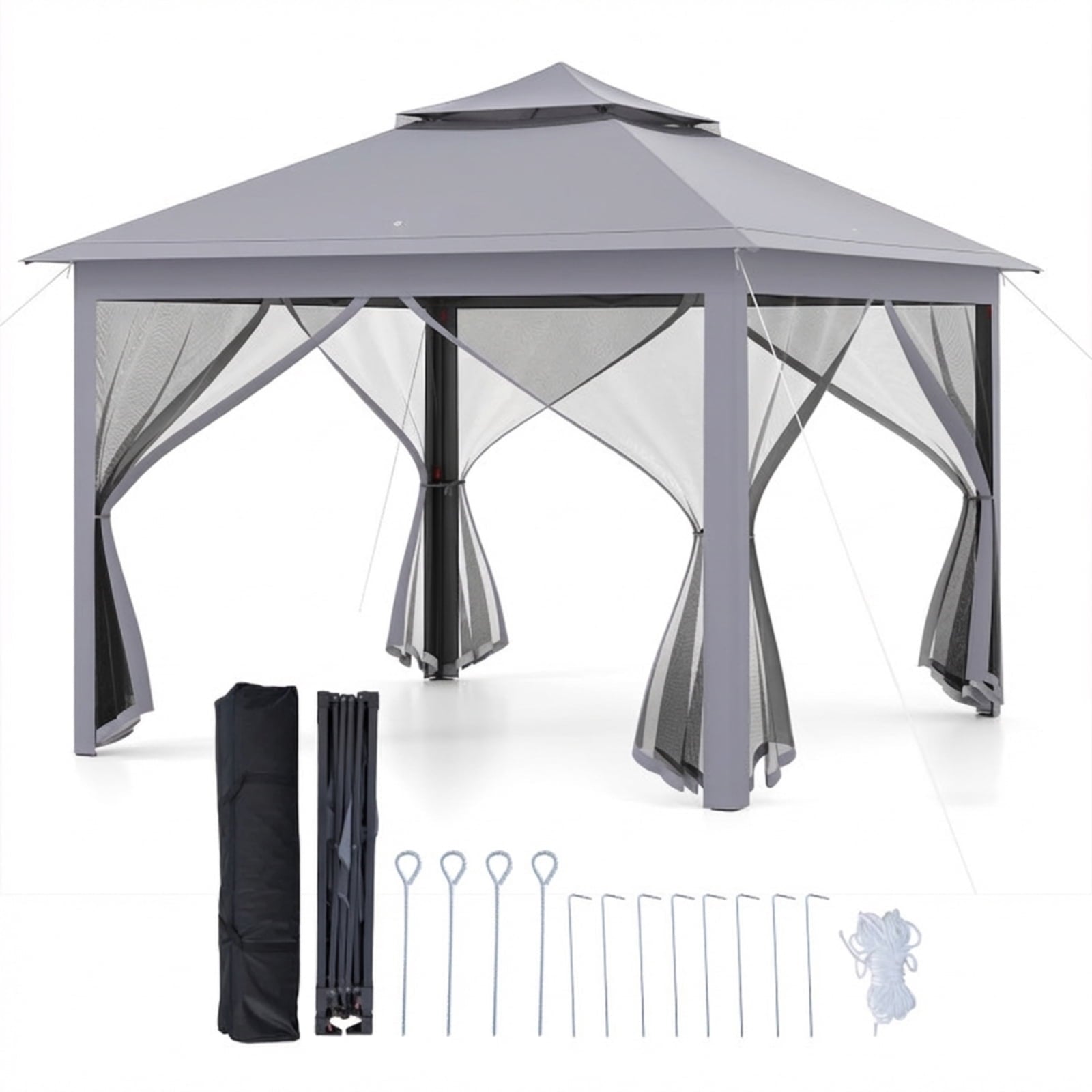 Biotree 11 x 11 Feet 2-Tier Pop-Up Gazebo Tent Portable Canopy Shelter with Mesh Netting and Carry Bag, Outdoor Event Gazebo for Backyard Patio Garden Party, Gray