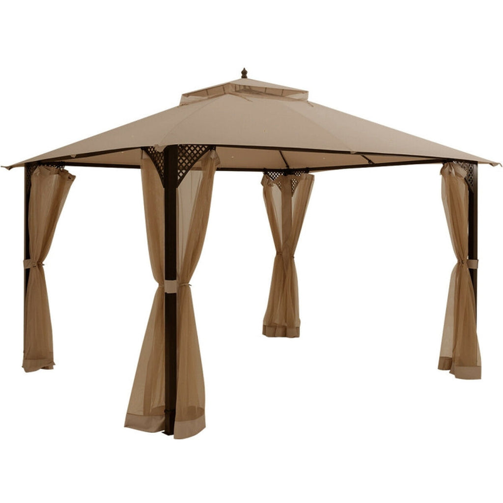 Biotree 12 x 10 Feet Outdoor Double Top Patio Gazebo with Netting Brown - Outdoor Patio Backyard Garden Shade Canopy Shelter