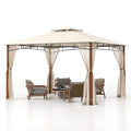 Biotree 12 x 10 Feet Outdoor Patio Gazebo with Netting and 2-Tier Canopy Roof Beige - Outdoor Patio Backyard Garden Shade Canopy Shelter