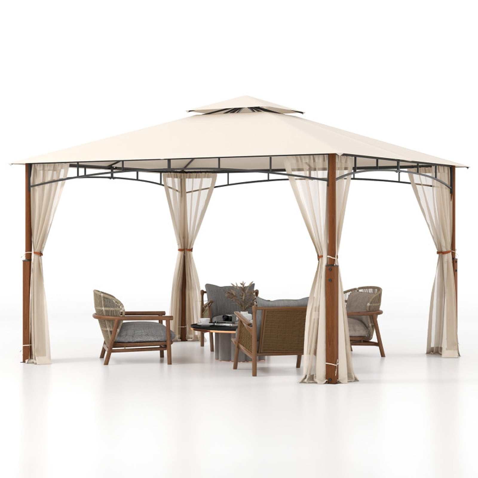 Biotree 12 x 10 Feet Outdoor Patio Gazebo with Netting and 2-Tier Canopy Roof Beige - Outdoor Patio Backyard Garden Shade Canopy Shelter