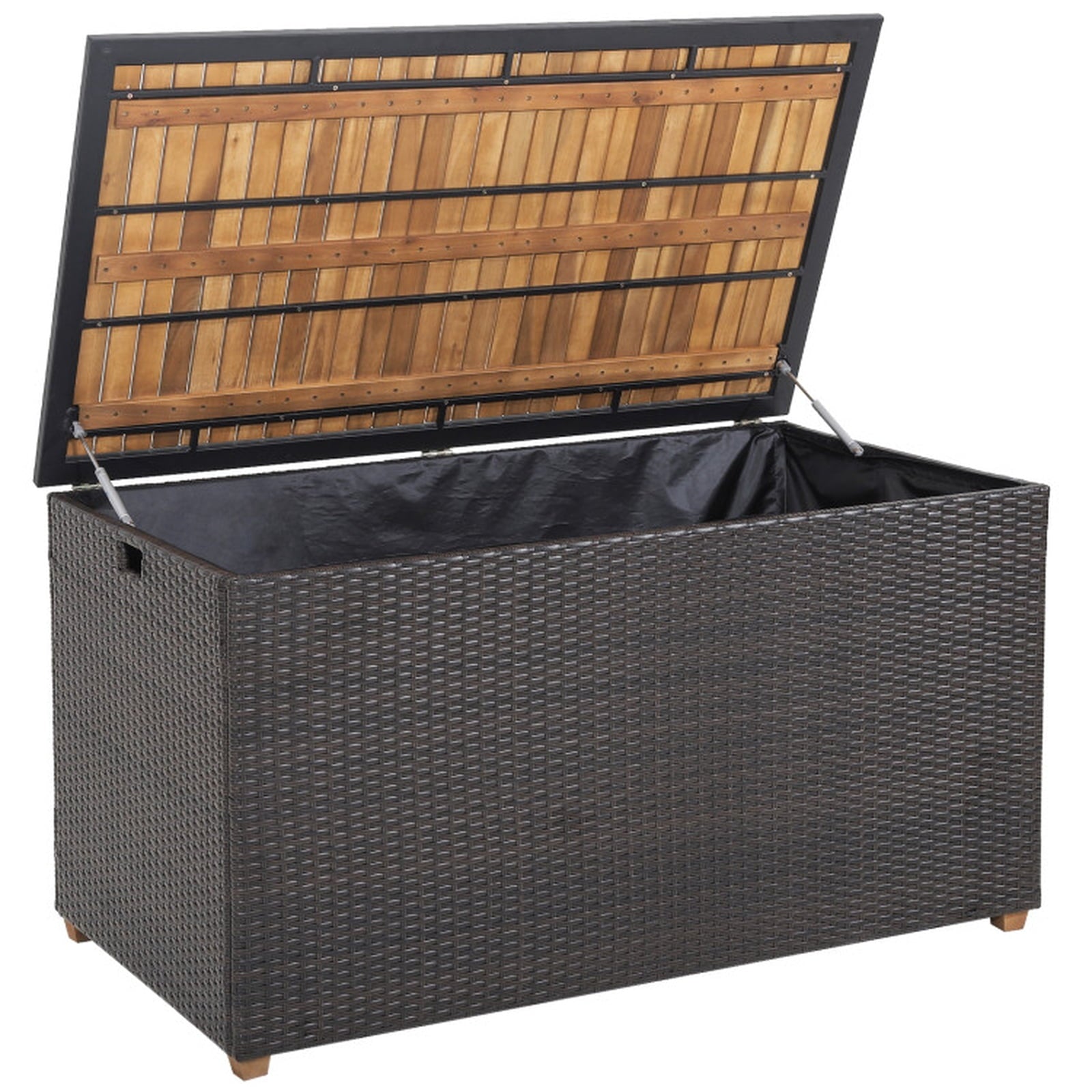 Biotree 134 Gallon Rattan Storage Box with Zippered Liner and Solid Acacia Wood Top Outdoor Waterproof for Patio Deck Garden Cushions, Brown