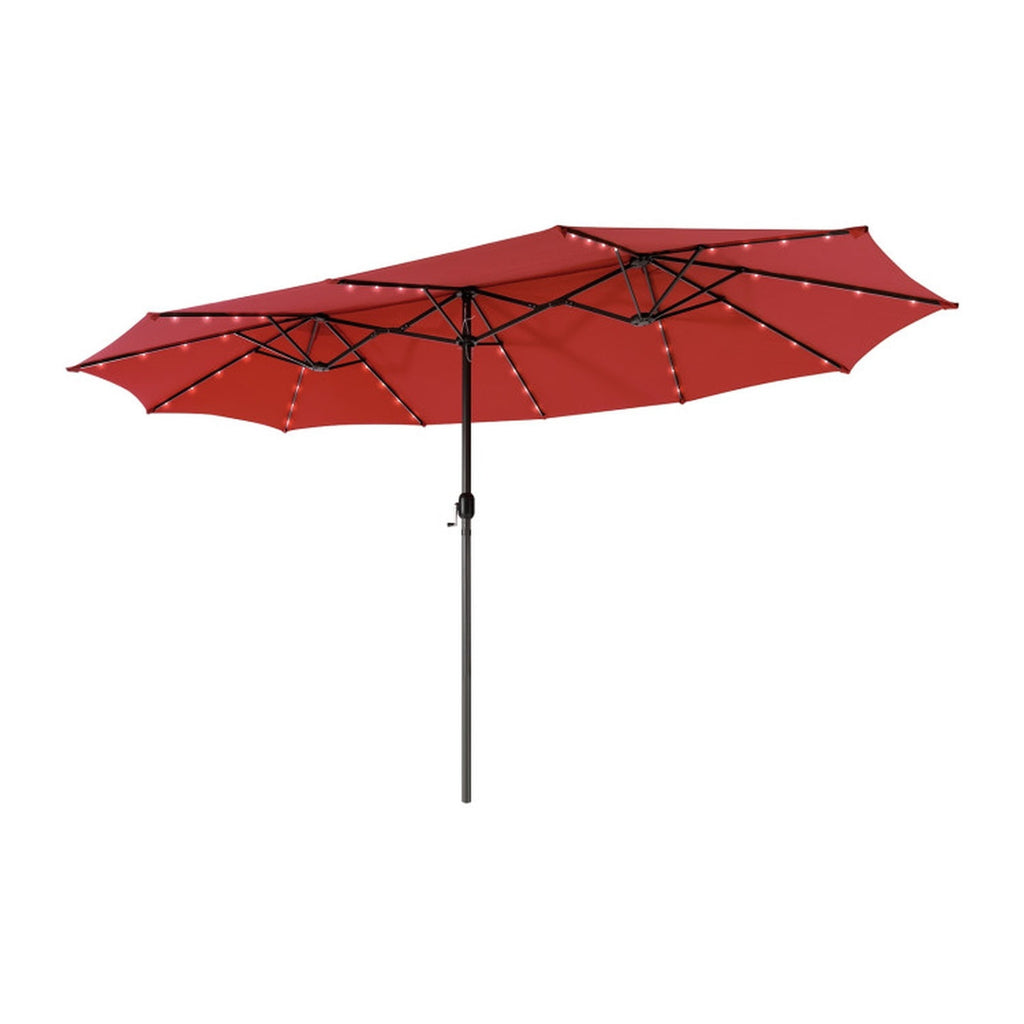 Biotree 15 FT Patio Umbrella, Twin Patio Umbrella with 48 Solar LED Lights for Patio Garden Backyard Pool, Dark Red