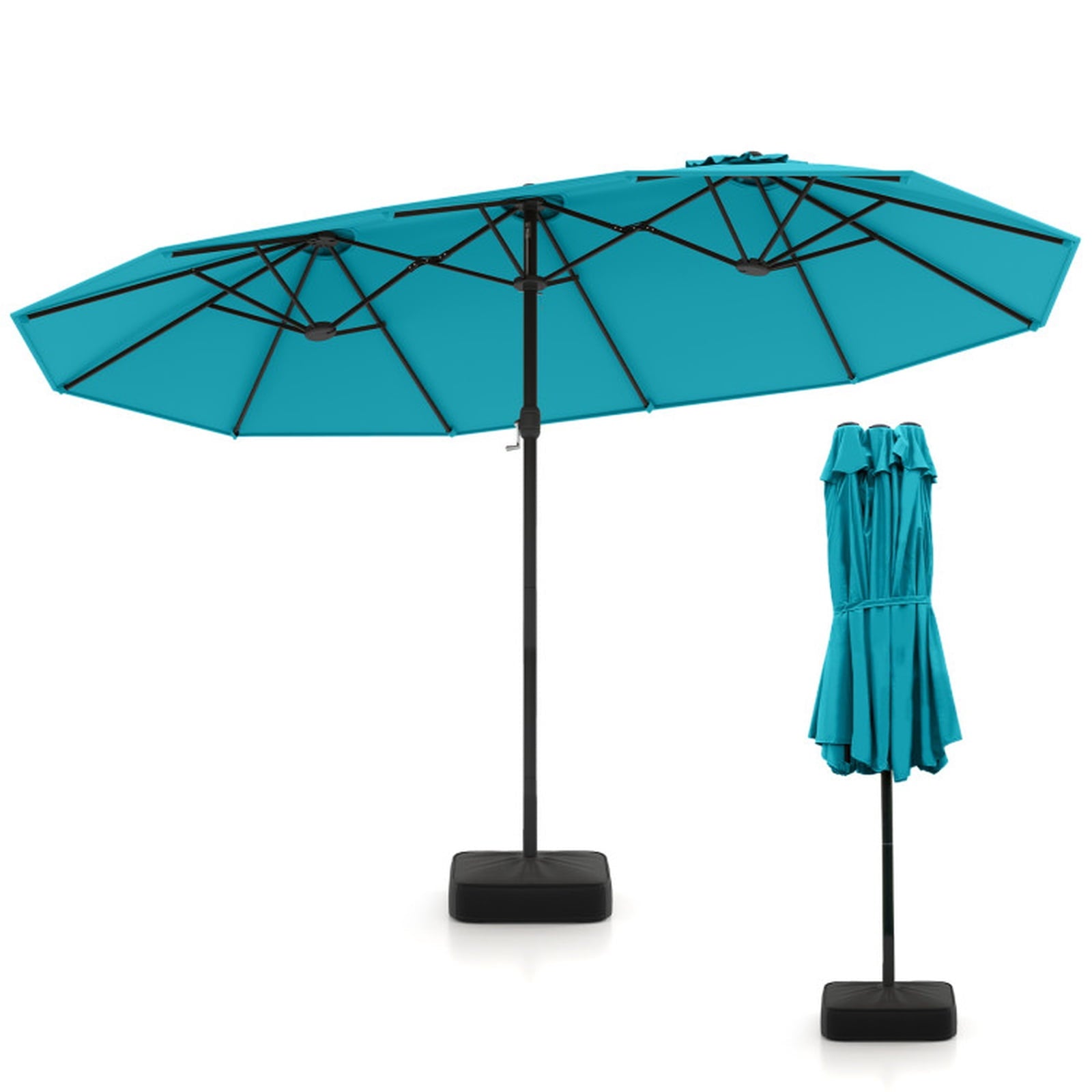 Biotree 15 Feet Double-Sided Twin Patio Umbrella with Crank and Base-Turquoise Beige Brown Blue Grey Orange Red Turquoise Black
