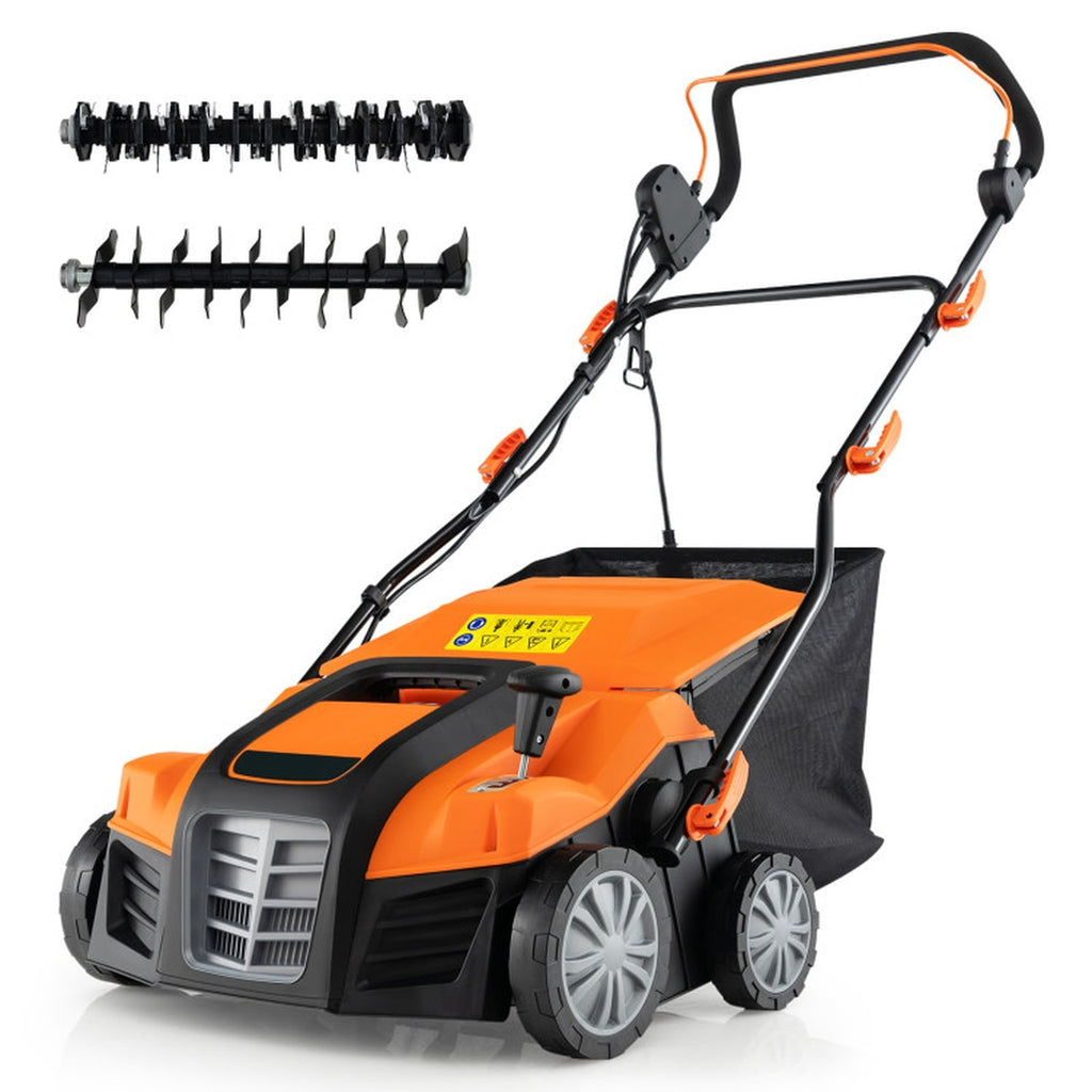 Biotree 16-Inch Electric Lawn Dethatcher and Scarifier with Collection Bag for Lawn Garden Yard Soil Care, Orange
