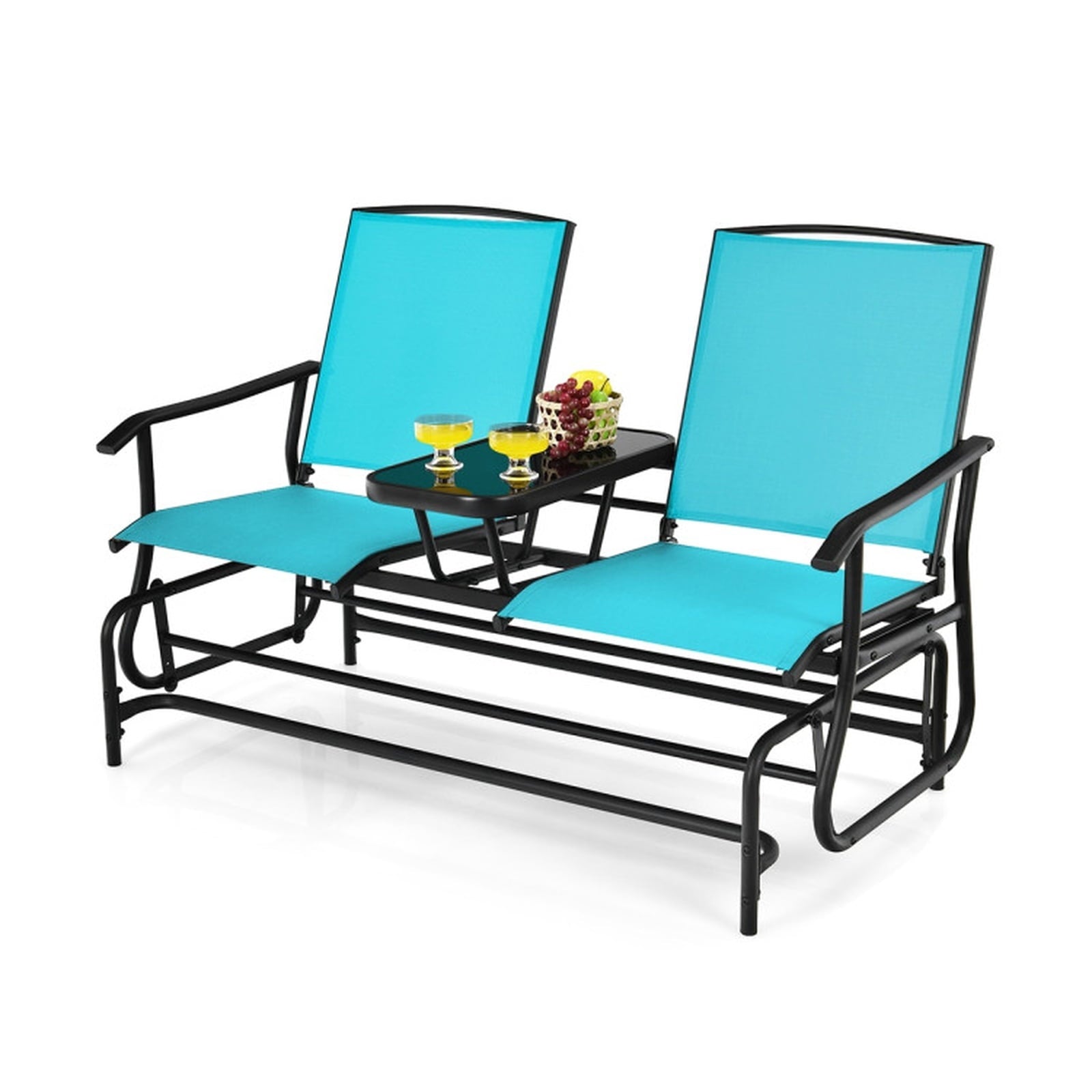 Biotree 2-Person Double Rocking Loveseat with Mesh Fabric and Center Tempered Glass TableTurquoise