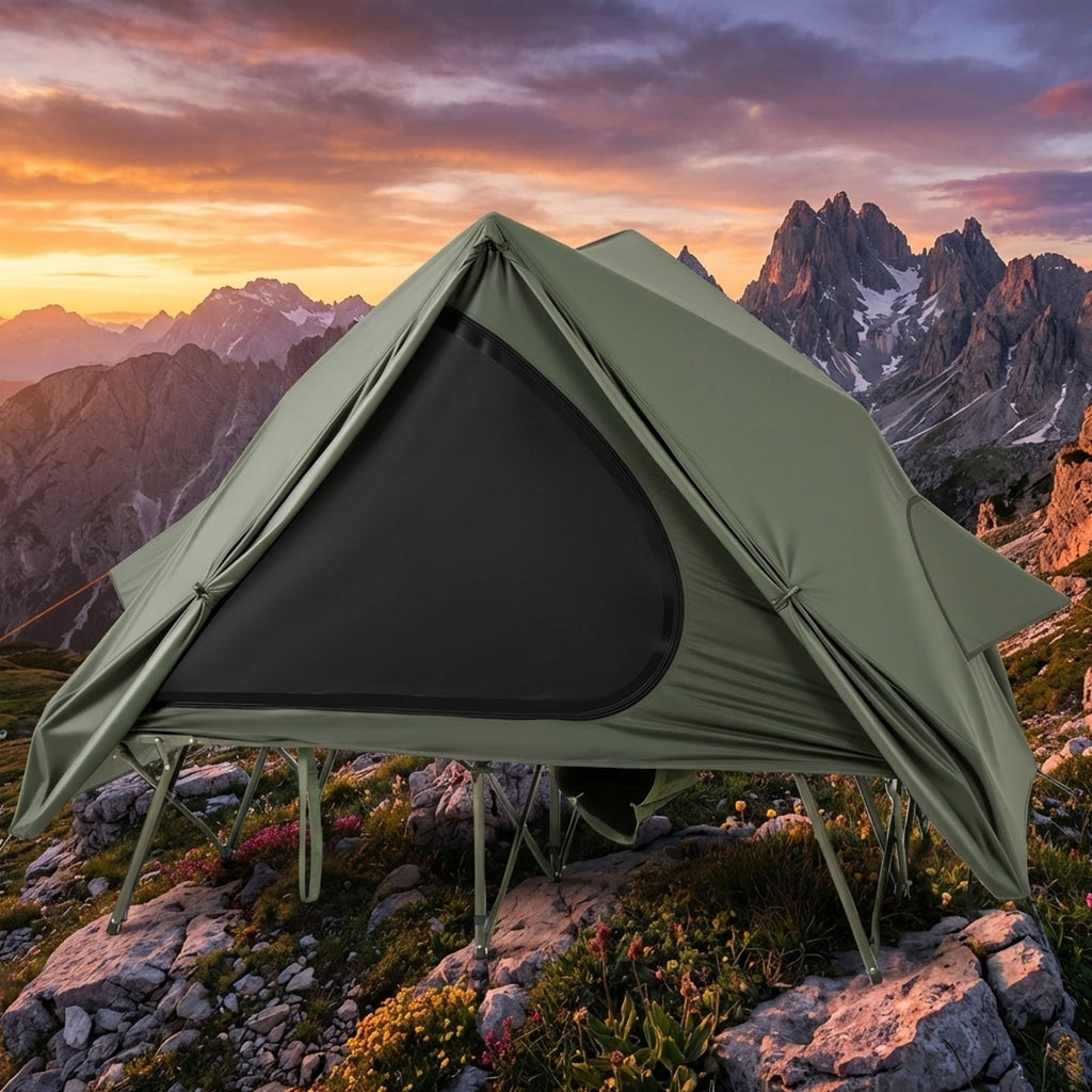 Biotree 2-Person Foldable Off-Ground Camping Cot Tent with Pop Up Shelter and Wheeled Carry Bag, Green