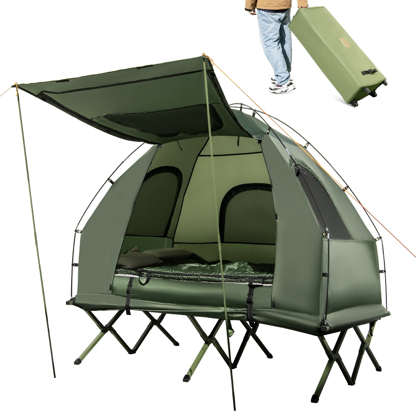 Biotree 2-Person Foldable Off-Ground Camping Cot Tent with Pop Up Shelter and Wheeled Carry Bag