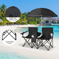 Biotree Double Camping Chair with Removable Umbrella Portable Folding Loveseat with Cooler Bag and Cup Holders for Beach Picnic, Black