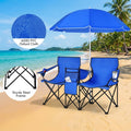 Biotree Double Camping Chair with Removable Umbrella Portable Folding Loveseat with Cooler Bag and Cup Holders for Beach Picnic, Blue
