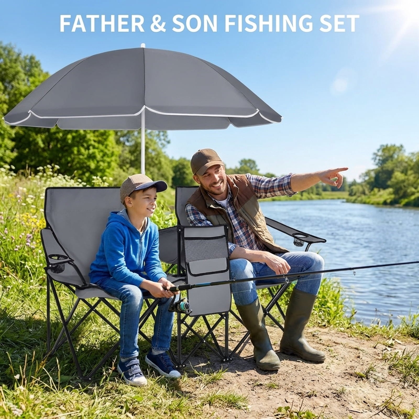 Biotree Double Camping Chair with Removable Umbrella Portable Folding Loveseat with Cooler Bag and Cup Holders for Beach Picnic, Gray