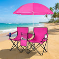 Biotree Double Camping Chair with Removable Umbrella Portable Folding Loveseat with Cooler Bag and Cup Holders for Beach Picnic, Pink