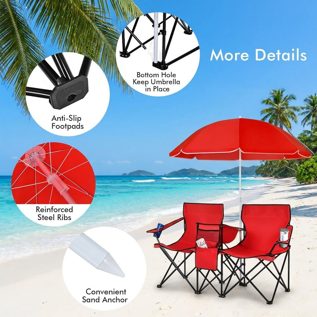 Biotree Double Camping Chair with Removable Umbrella Portable Folding Loveseat with Cooler Bag and Cup Holders for Beach Picnic, Red