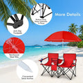 Biotree Double Camping Chair with Removable Umbrella Portable Folding Loveseat with Cooler Bag and Cup Holders for Beach Picnic, Red