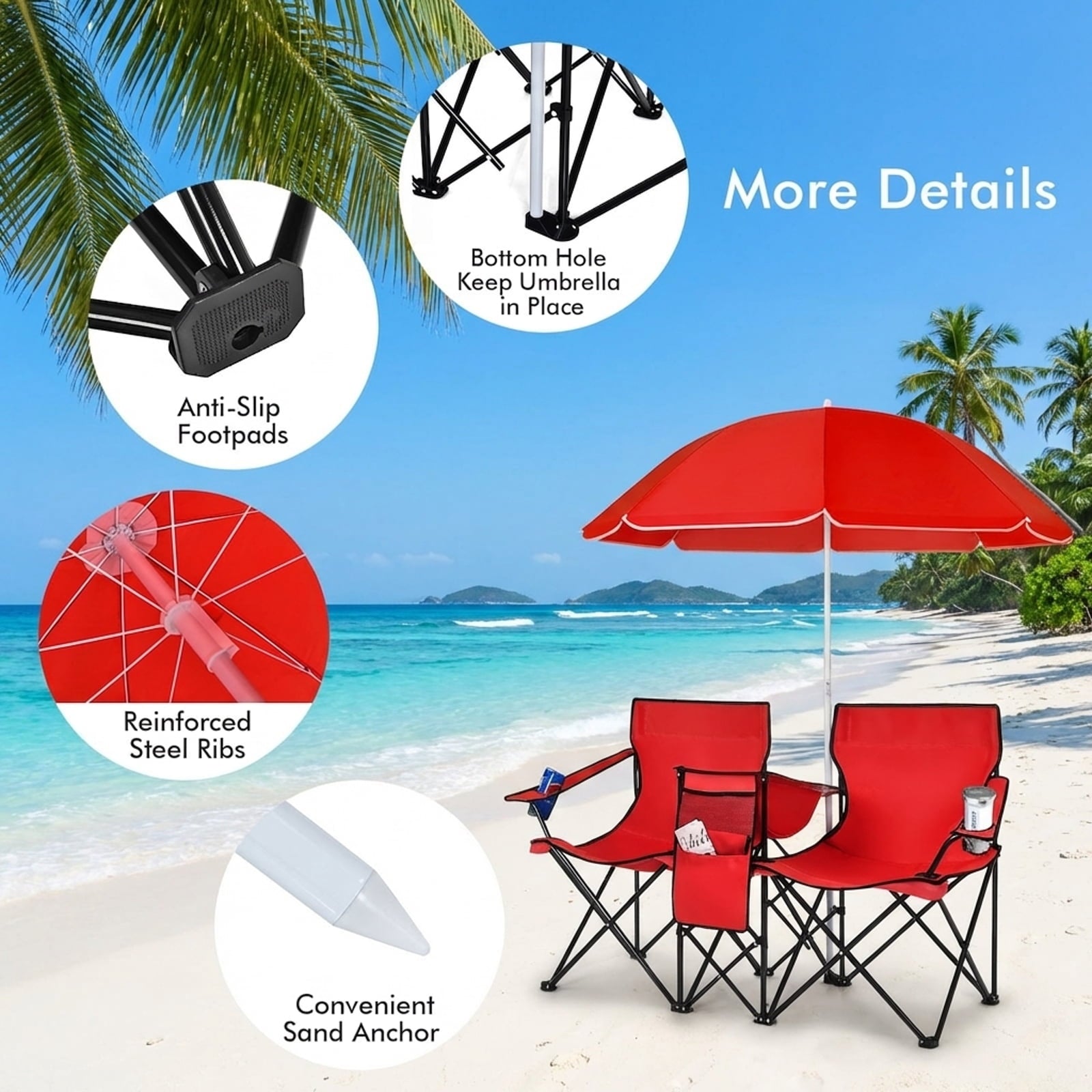 Biotree Double Camping Chair with Removable Umbrella Portable Folding Loveseat with Cooler Bag and Cup Holders for Beach Picnic, Red