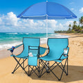 Biotree Double Camping Chair with Removable Umbrella Portable Folding Loveseat with Cooler Bag and Cup Holders for Beach Picnic, Turquoise