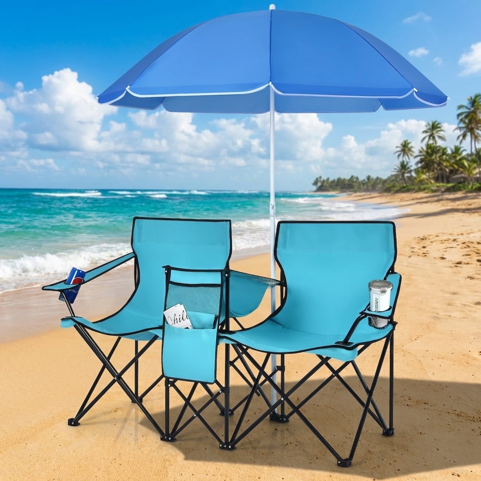 Biotree Double Camping Chair with Removable Umbrella Portable Folding Loveseat with Cooler Bag and Cup Holders for Beach Picnic, Turquoise