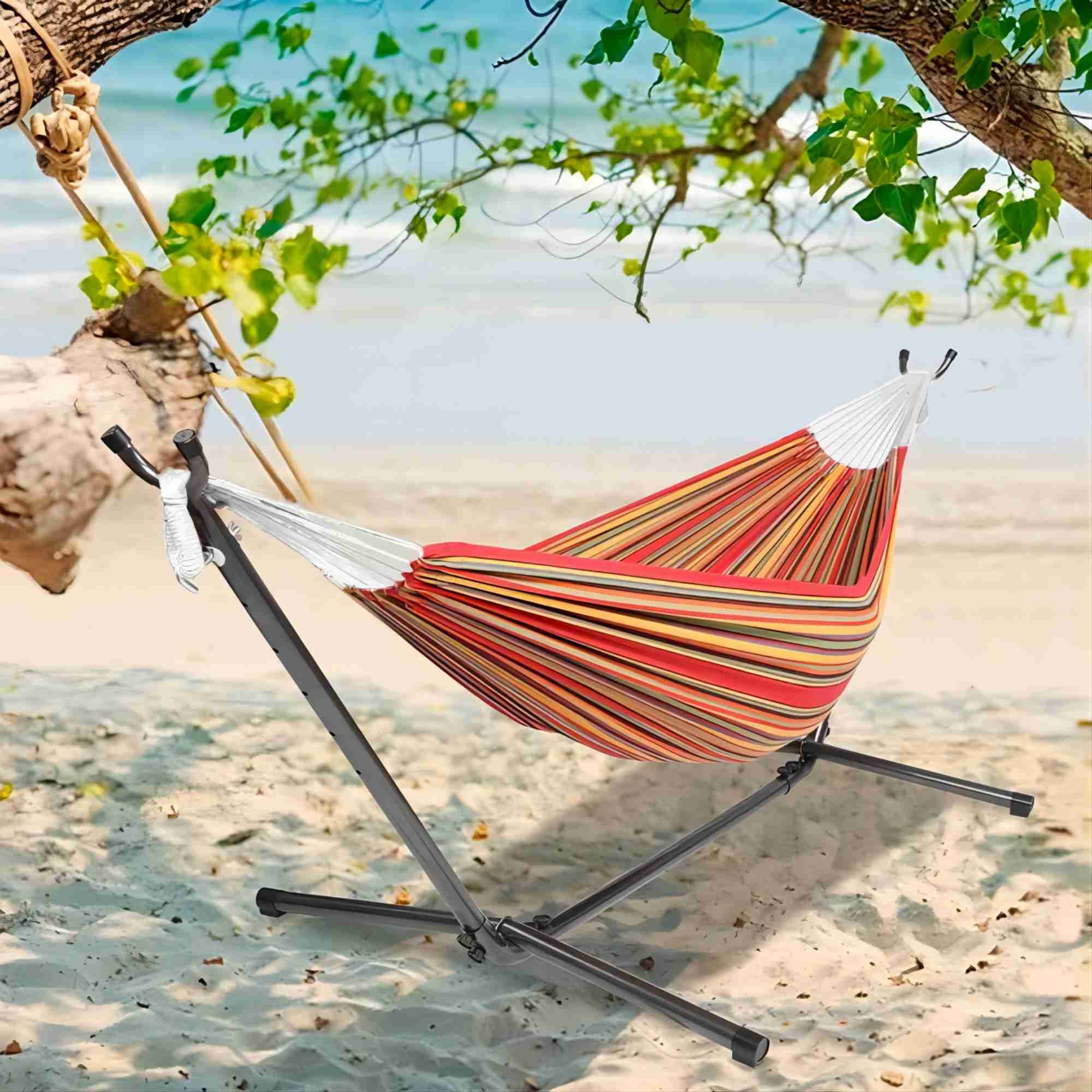 Biotree 2Person Hammock with Space Saving Steel Stand and Portable Carrying Bag, 48W x 120L inch, Red