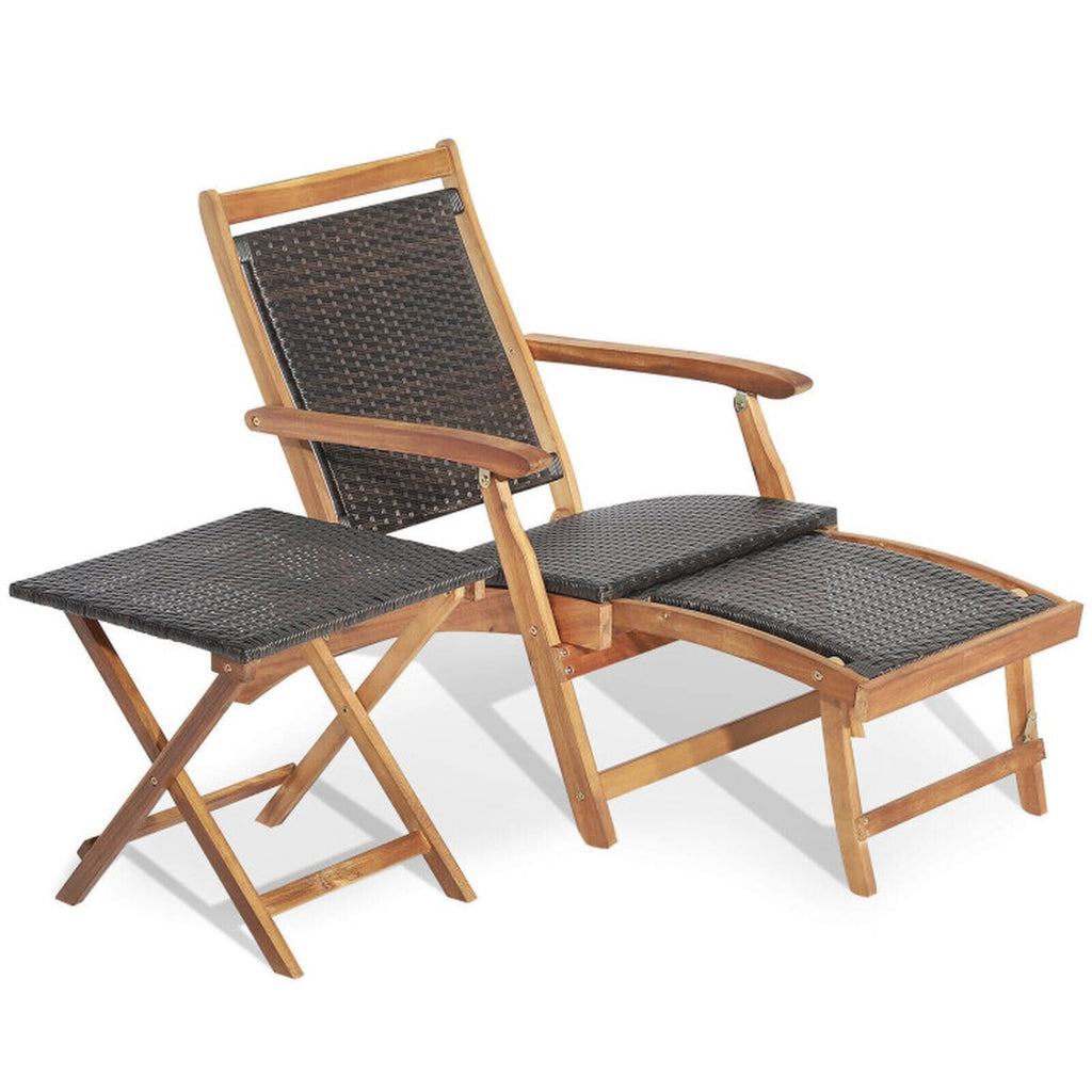 Biotree 2 Pieces Patio Rattan Folding Lounge Chair with Acacia Wood Table Stackable Patio Chair for Garden BackyardMix Brown