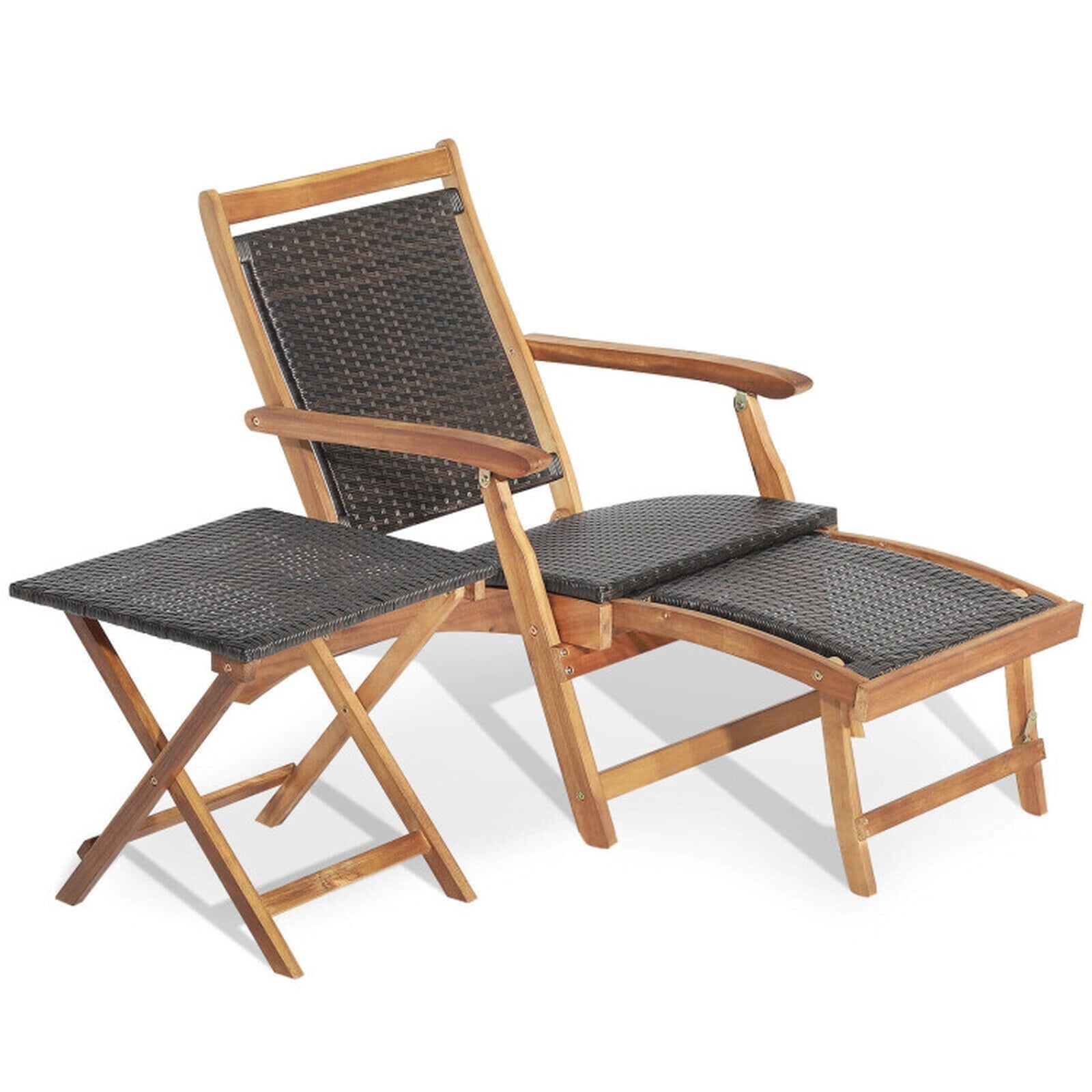 Biotree 2 Pieces Patio Rattan Folding Lounge Chair with Acacia Wood Table Stackable Patio Chair for Garden BackyardMix Brown