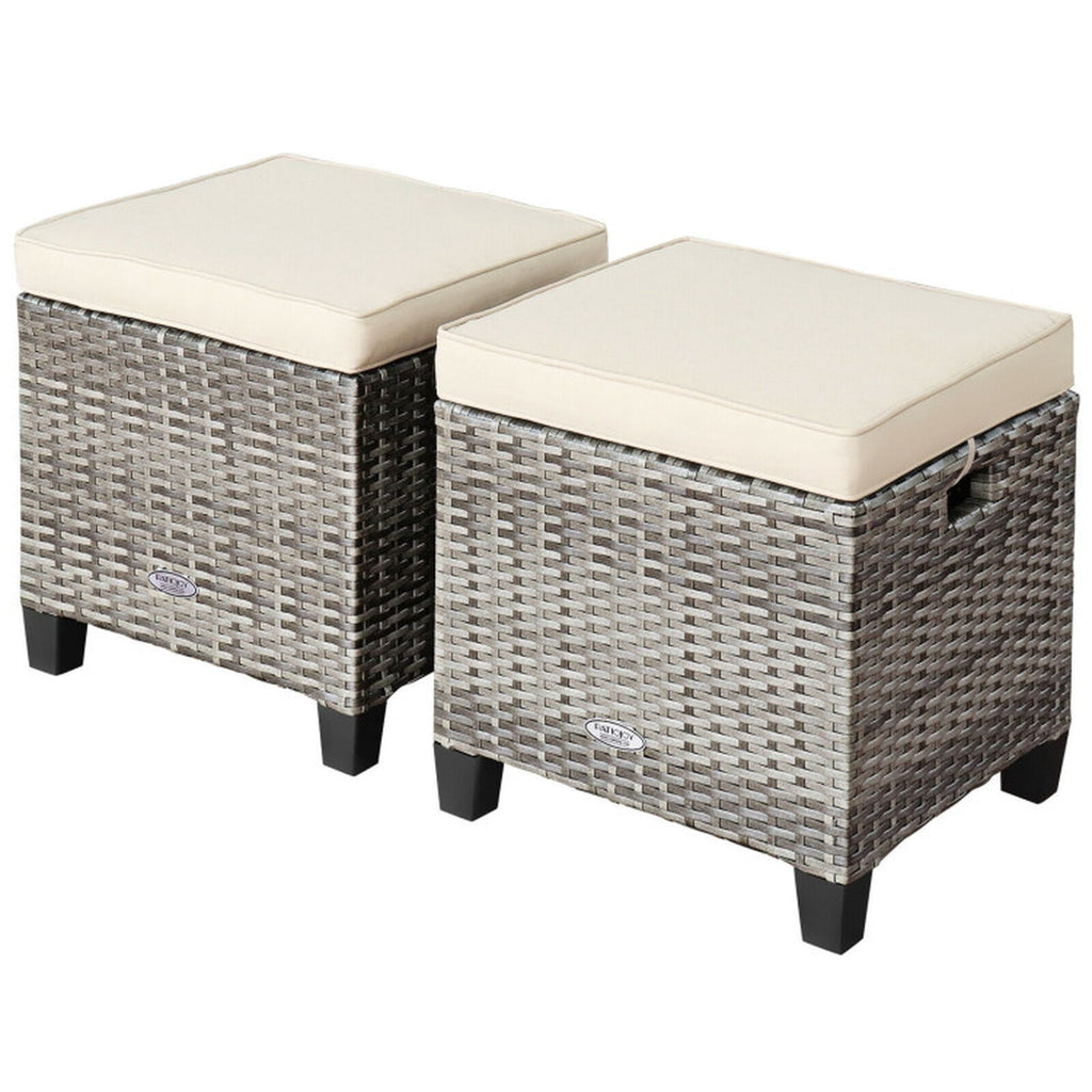 Biotree 2 Pieces Patio Rattan Ottoman Seat with Removable Cushions Stackable Patio Chair for Garden BackyardBeige