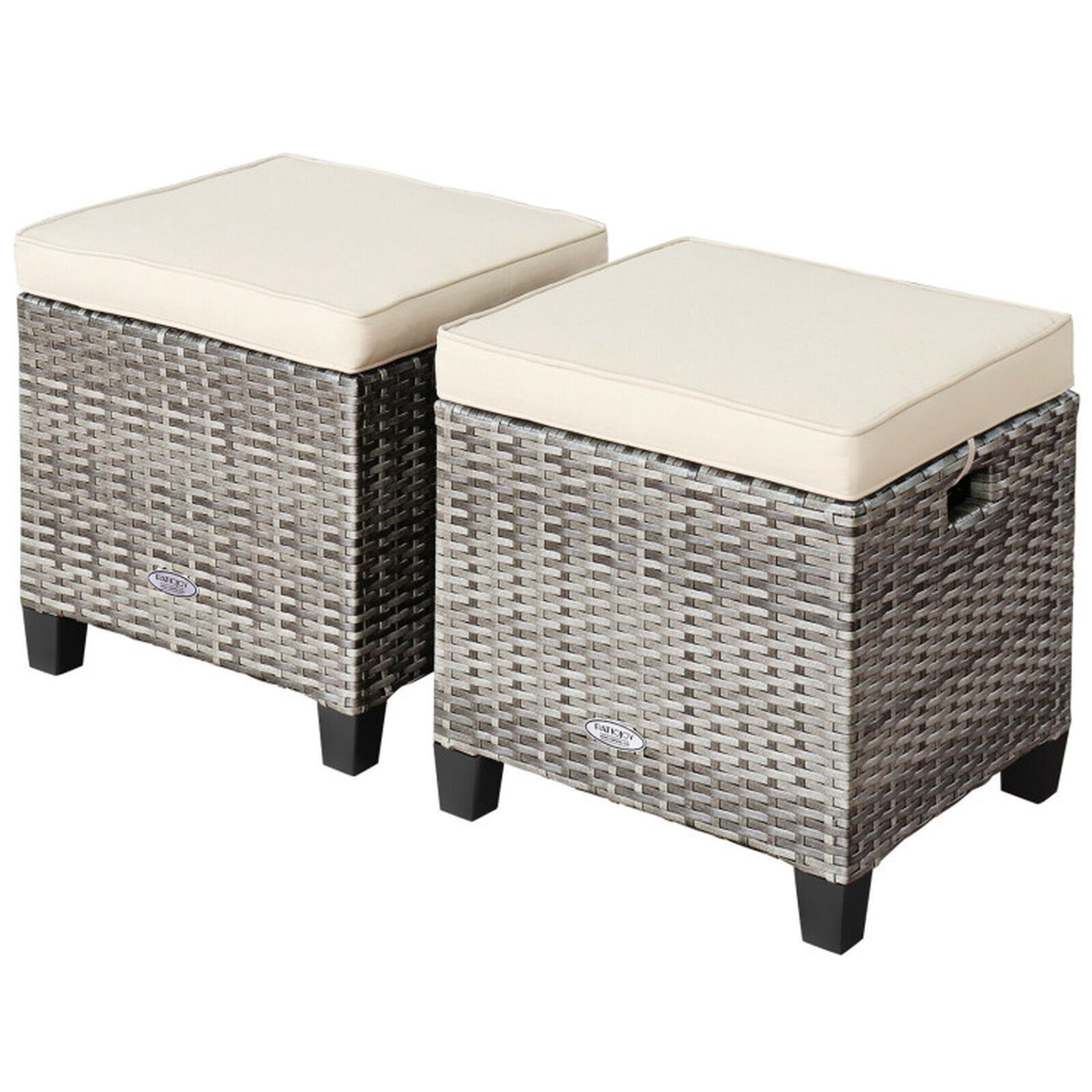 Biotree 2 Pieces Patio Rattan Ottoman Seat with Removable Cushions Stackable Patio Chair for Garden BackyardBeige