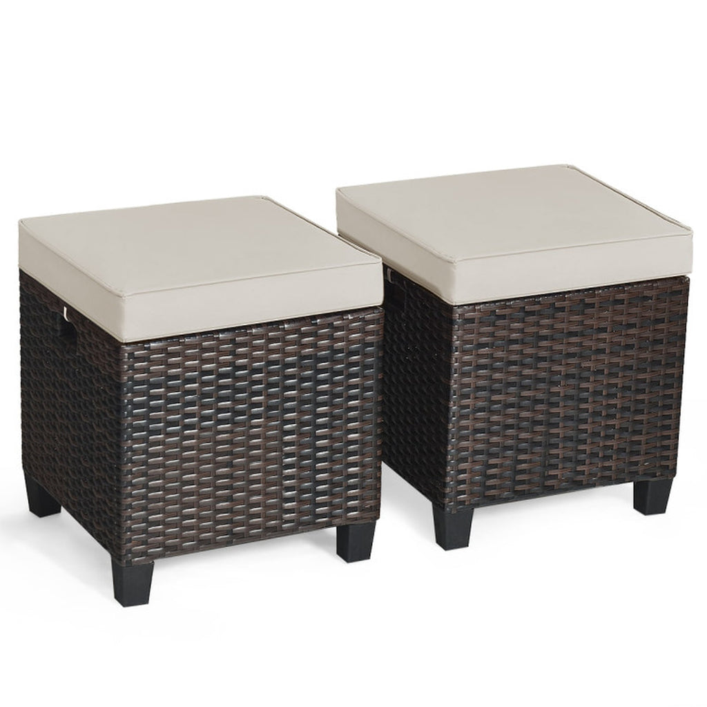 Biotree 2 Pieces Patio Rattan Ottoman Set with Removable Cushions Stackable Patio Chair for Garden BackyardBeige