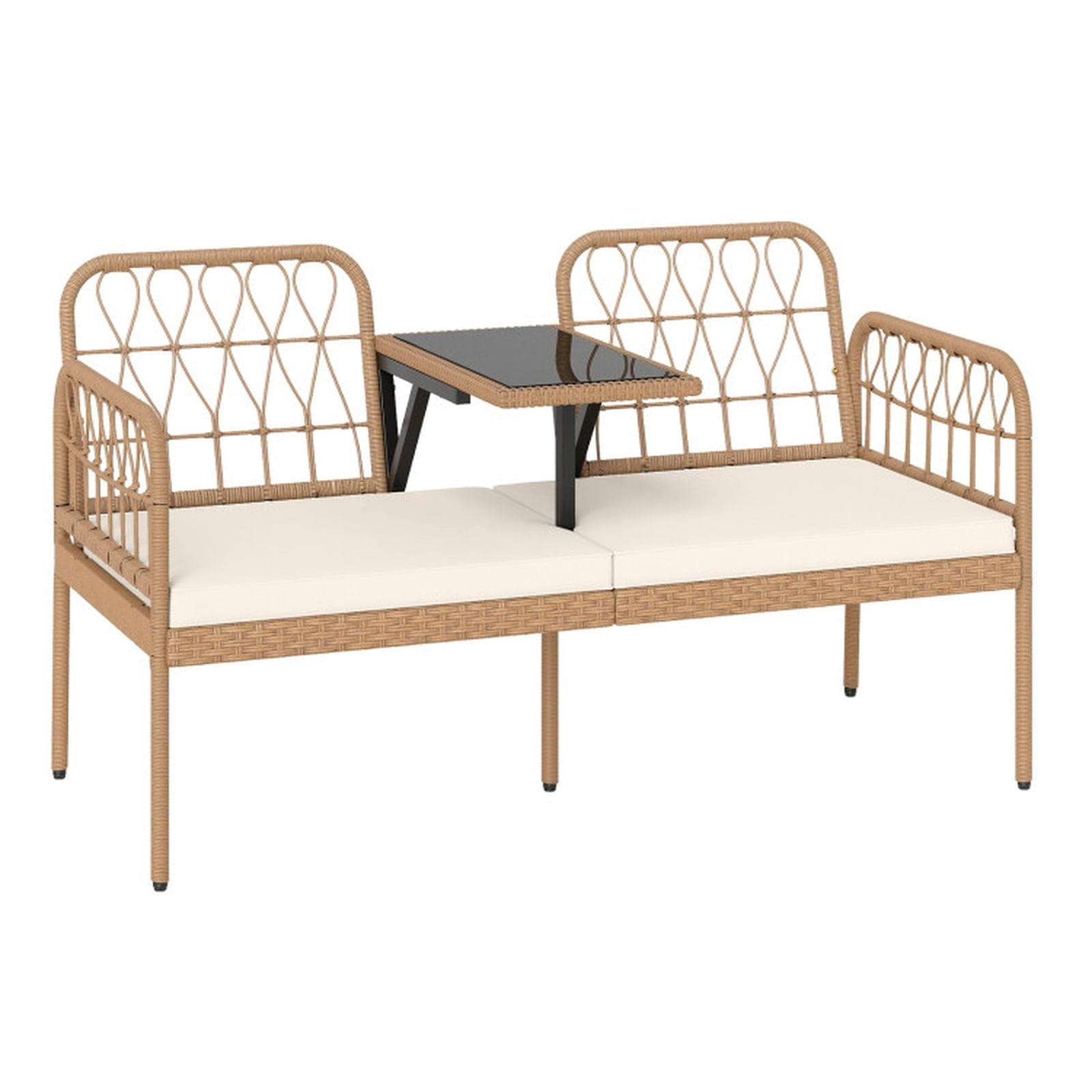 Biotree 2-Seat PE Rattan Outdoor Loveseat with Built-in Coffee Table and Soft Cushions Stackable Patio Chair for Garden BackyardWhite