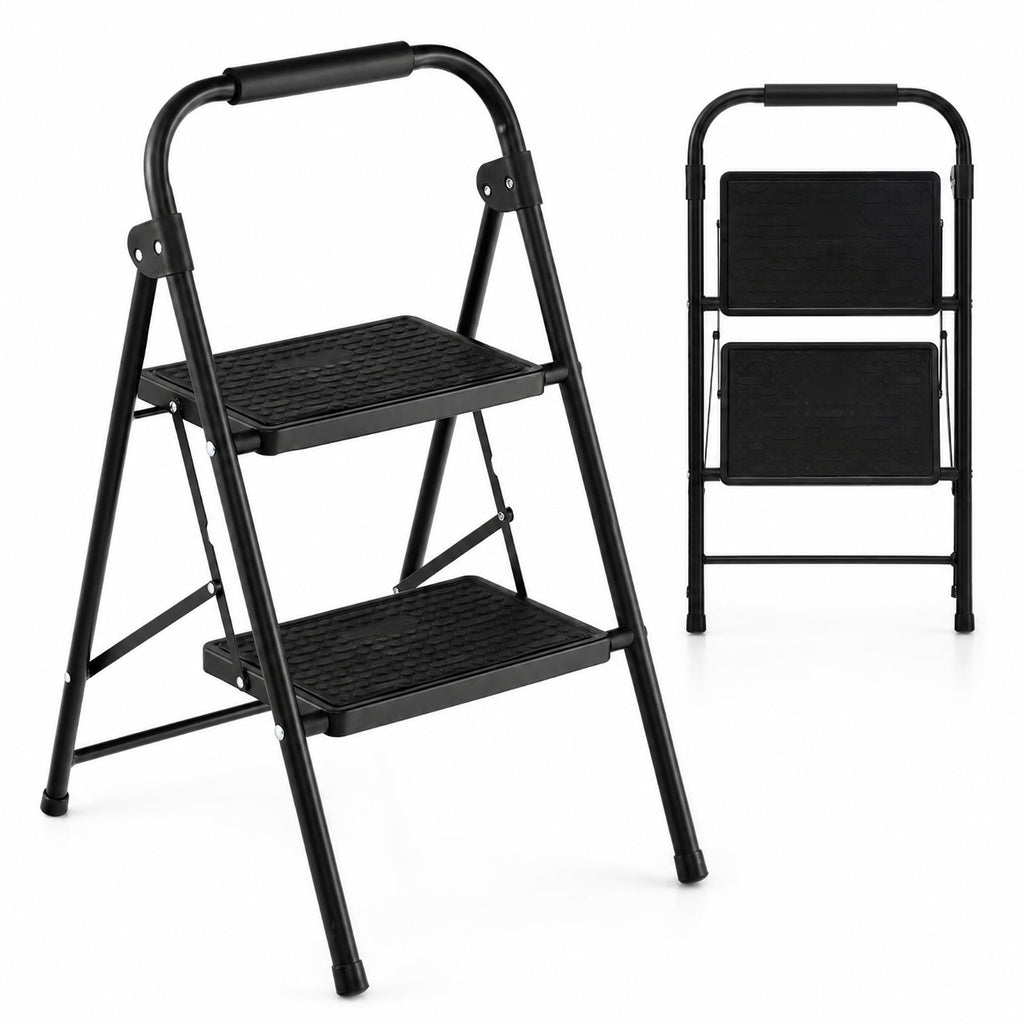 Biotree 2-Step Folding Step Ladder with 330 lb Capacity, Wide Anti-Slip Pedals and Padded Handrail for Kitchen, Home and Garage, Black