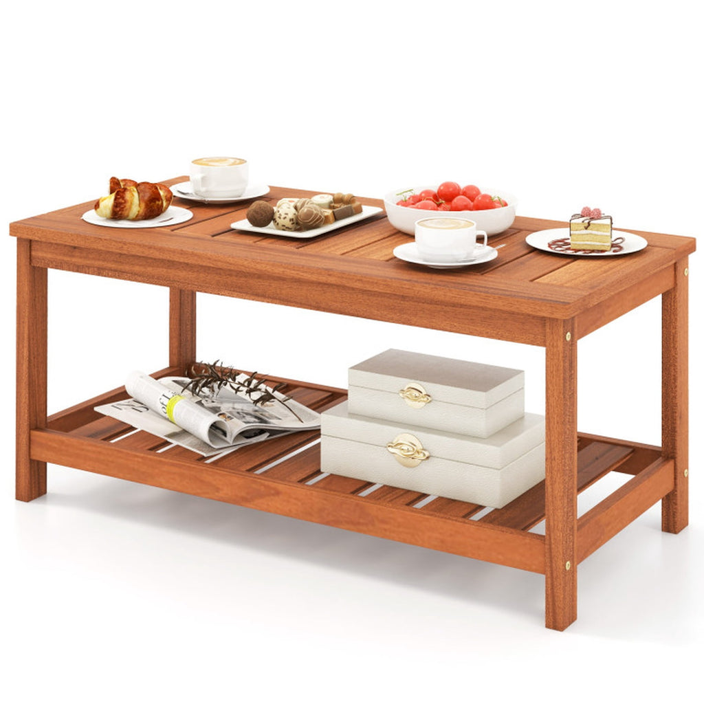 Biotree 2-Tier Patio Coffee Table with Slatted Tabletop and Shelf, Natural