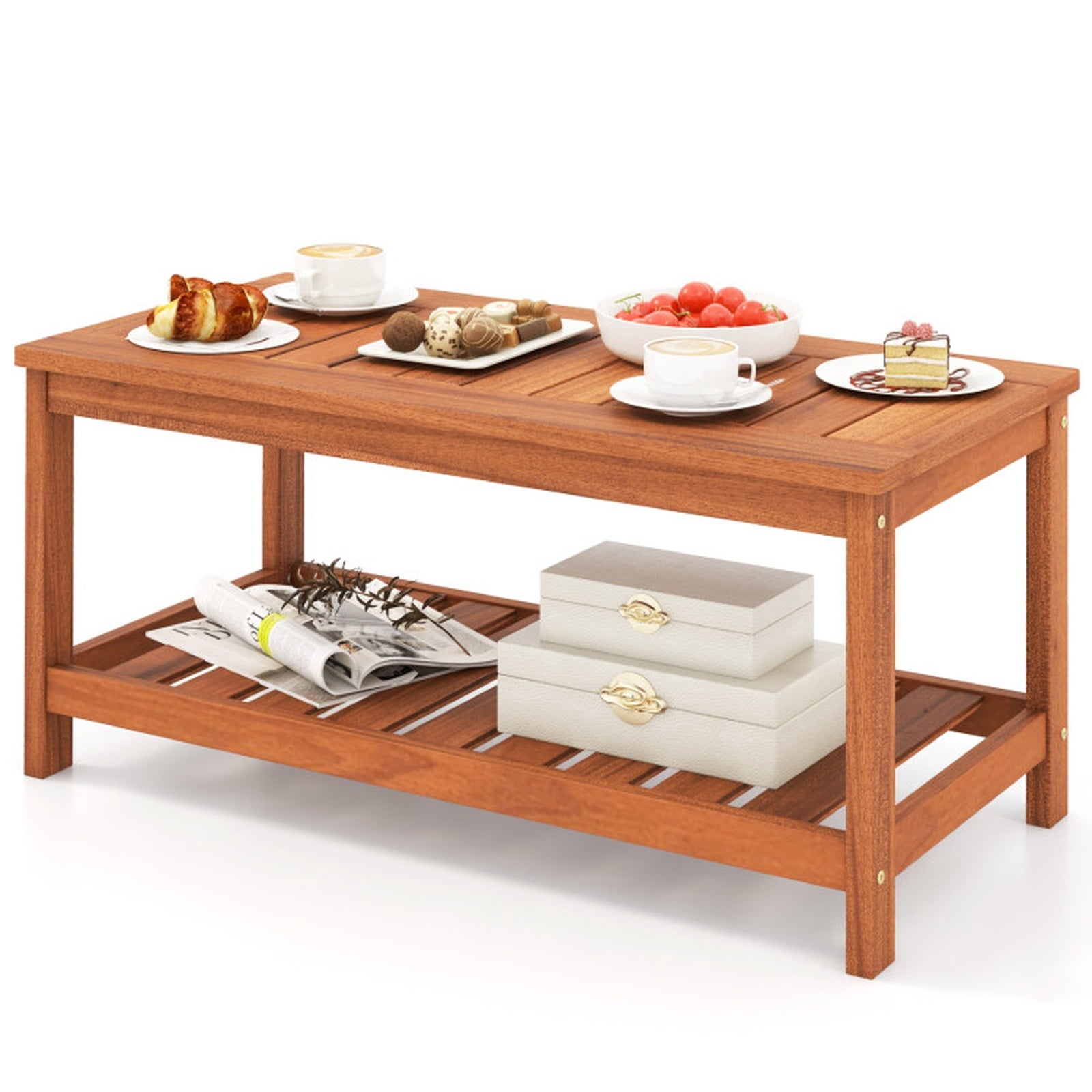 Biotree 2-Tier Patio Coffee Table with Slatted Tabletop and Shelf, Natural