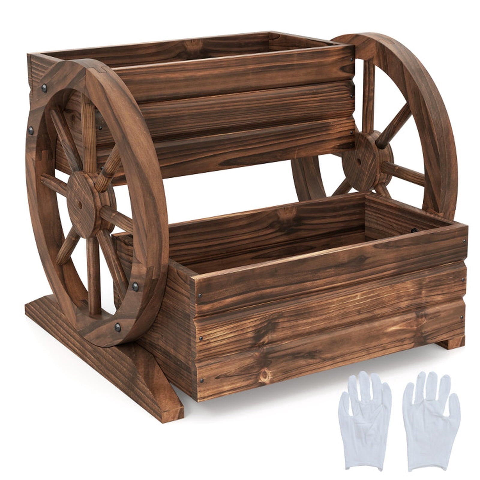 Biotree 2-Tier Raised Garden Bed Rustic Wood Wagon Shape with Drainage Holes and Wheels-Coffee Brown