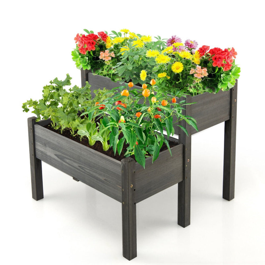 Biotree 2 Tier Wooden Raised Garden Bed with Legs Drain Holes, 34x33.5x28.5 Inch Stacked Fir Wood Elevated Planter Box for Vegetables Flowers Herbs, Gray