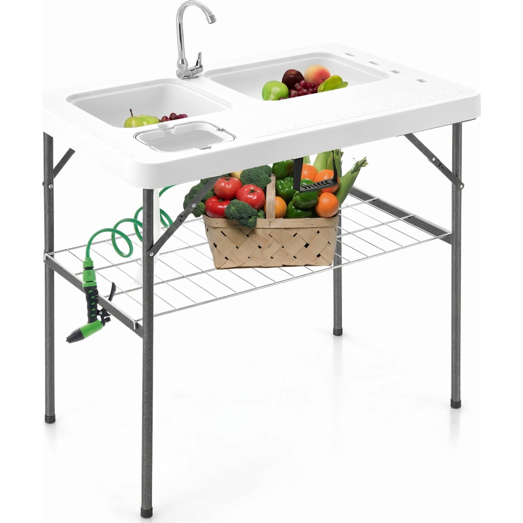Biotree 2-in-1 Folding Fish Cleaning Table with Sink and Faucet Portable Fish Fillet Station for Outdoor Fishing, White
