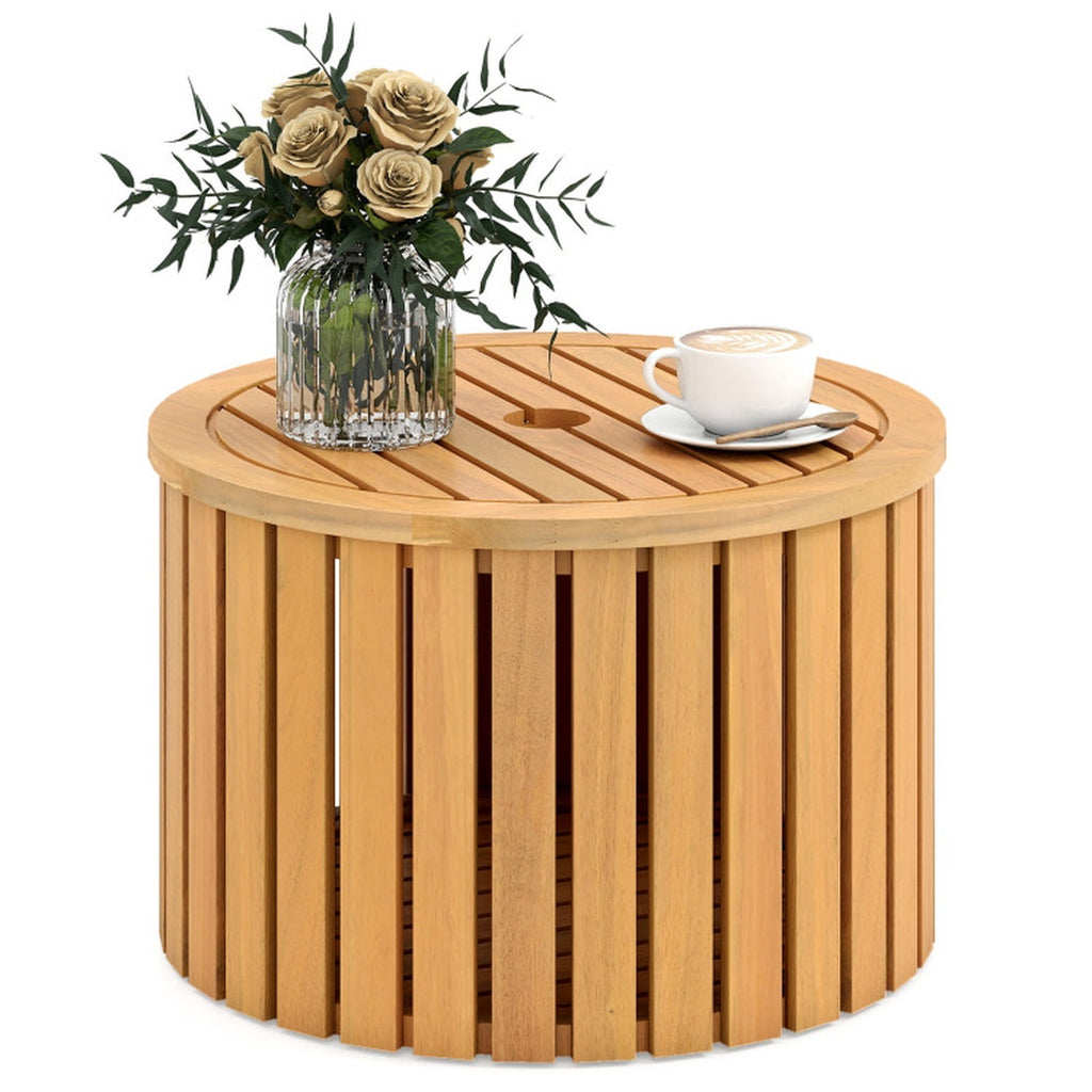 Biotree 2-in-1 Outdoor Side Table with Storage Acacia Wood Slatted Coffee Table Round Slatted End Storage Box with 2.3" Umbrella Hole, Natural