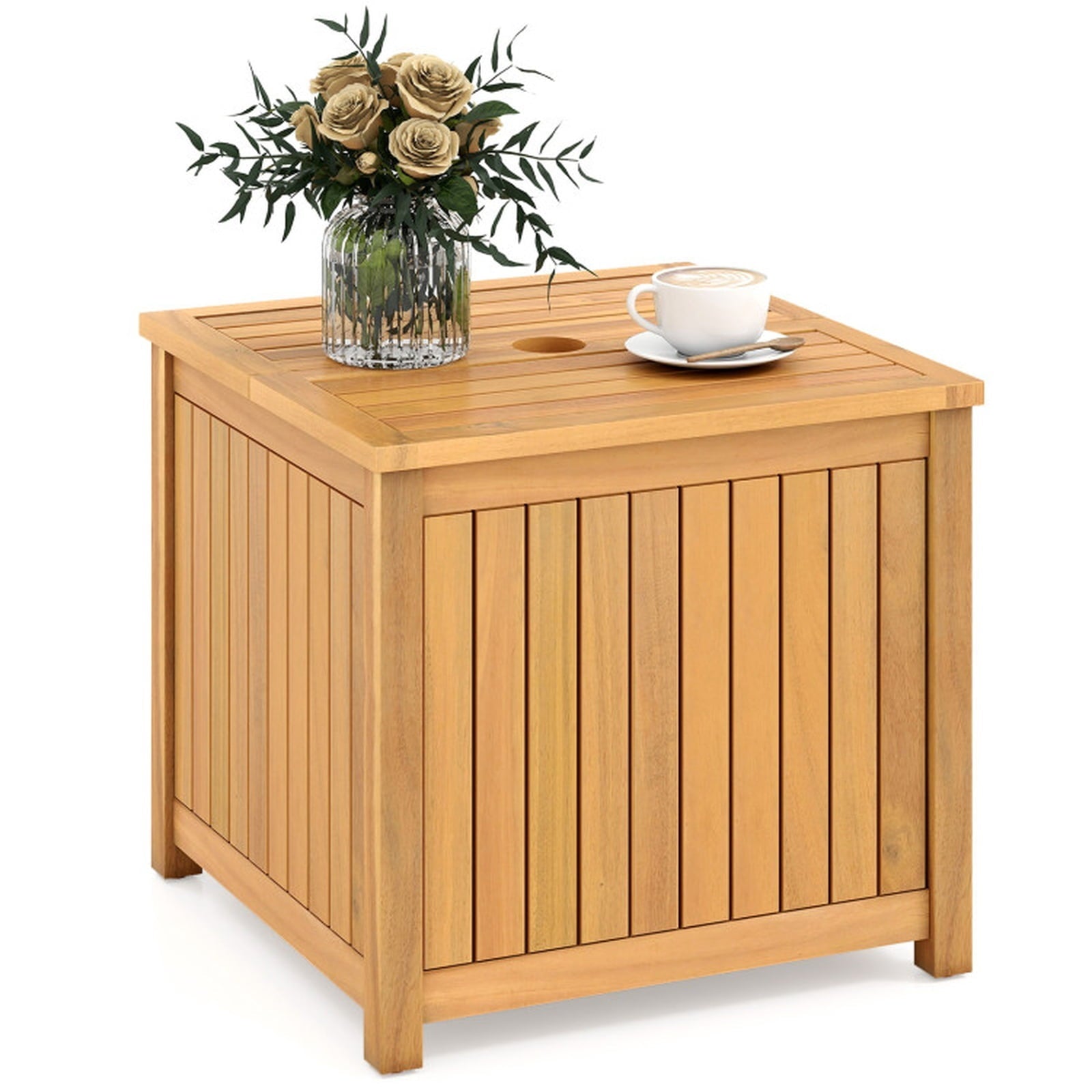 Biotree 2-in-1 Outdoor Side Table with Storage Acacia Wood Slatted Coffee Table Square Slatted End Storage Box with 2.3" Umbrella Hole, Natural