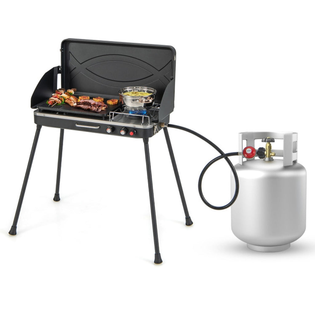 Biotree 2-in-1 Portable Gas Camping Grill and Stove, 20,000 BTU Propane Tabletop BBQ Grill, Foldable Camp Stove with Detachable Legs for Camping Picnic Backyard Black