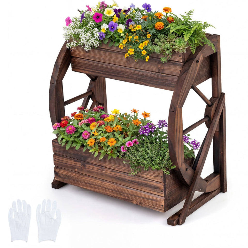 Biotree 2-tier Raised Garden Bed Rustic Wood Wagon Planter with Drainage Holes and Semi-wheels-Coffee Brown