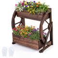 Biotree 2-tier Raised Garden Bed Rustic Wood Wagon Planter with Drainage Holes and Semi-wheels-Coffee Brown