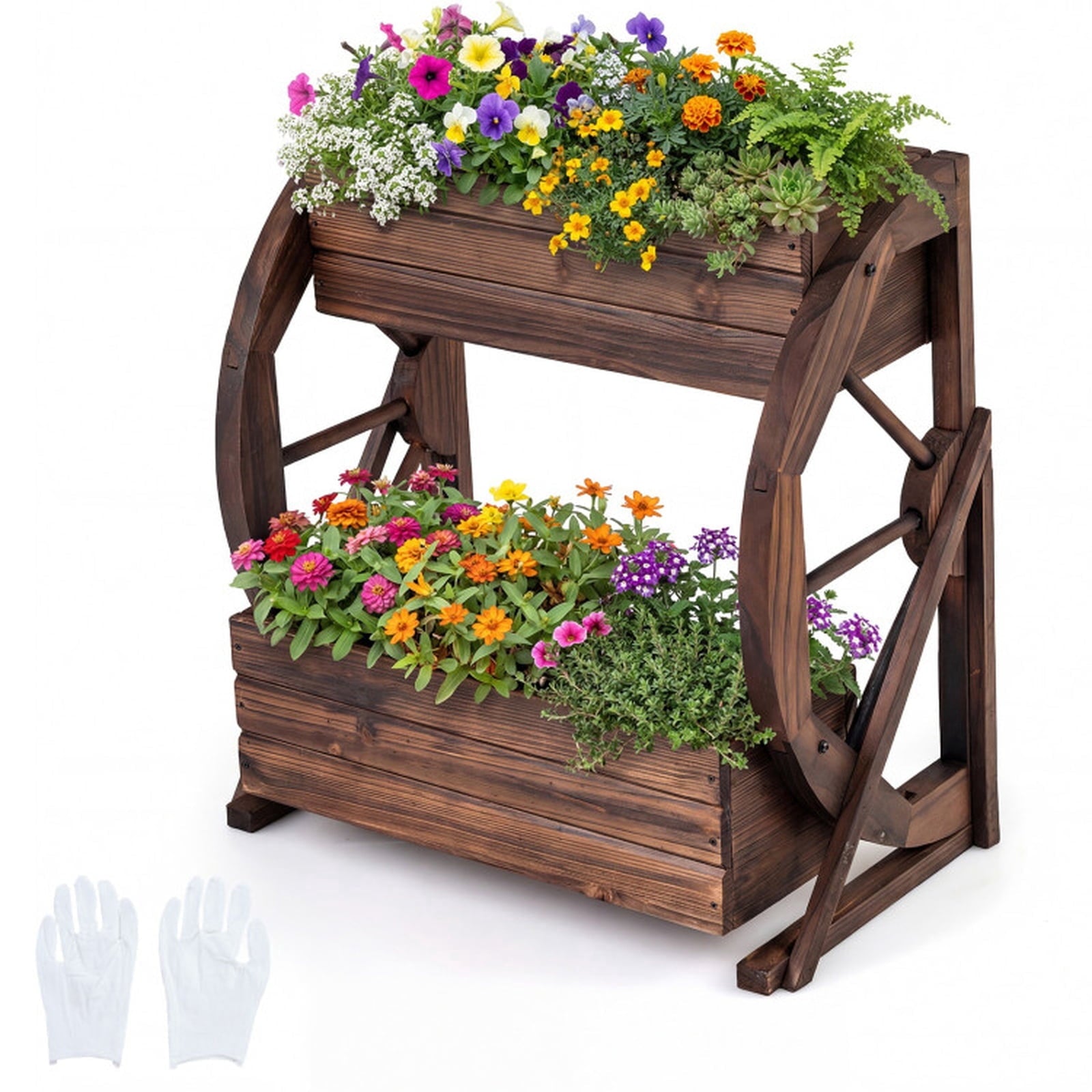 Biotree 2-tier Raised Garden Bed Rustic Wood Wagon Planter with Drainage Holes and Semi-wheels-Coffee Brown