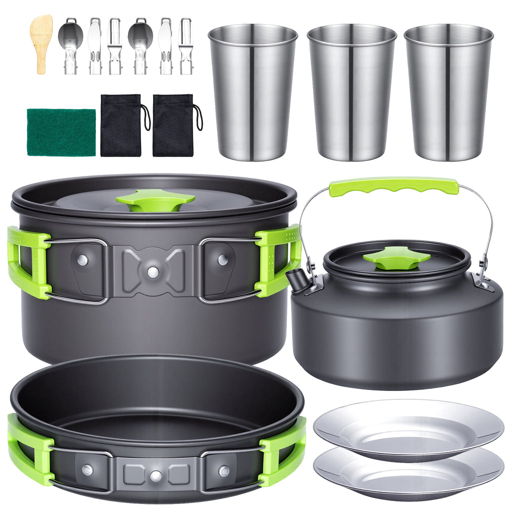 Biotree 20pcs Camping Cookware Mess Kit, Non-Stick Pot Pan Kettle Set with Stainless Steel Cups Plates Cutlery for Outdoor Camping Hiking Picnic