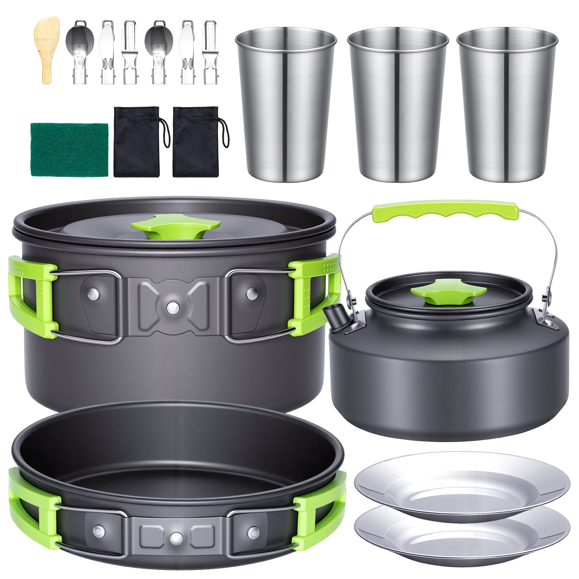 Biotree 20pcs Camping Cookware Mess Kit, Non-Stick Pot Pan Kettle Set with Stainless Steel Cups Plates Cutlery for Outdoor Camping Hiking Picnic