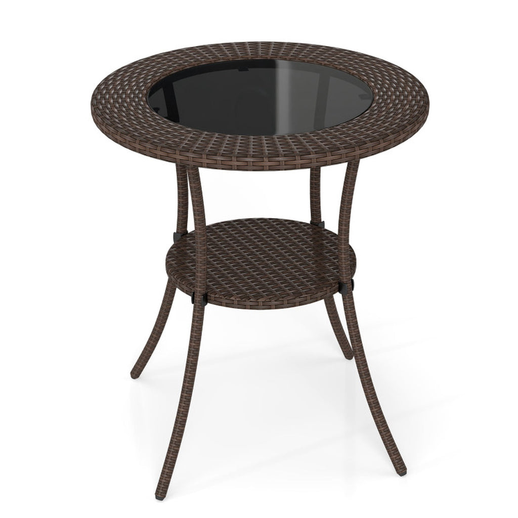 Biotree 25.5-Inch PE Wicker Patio Bistro Table Round with Tempered Glass Top and Shelf, Black