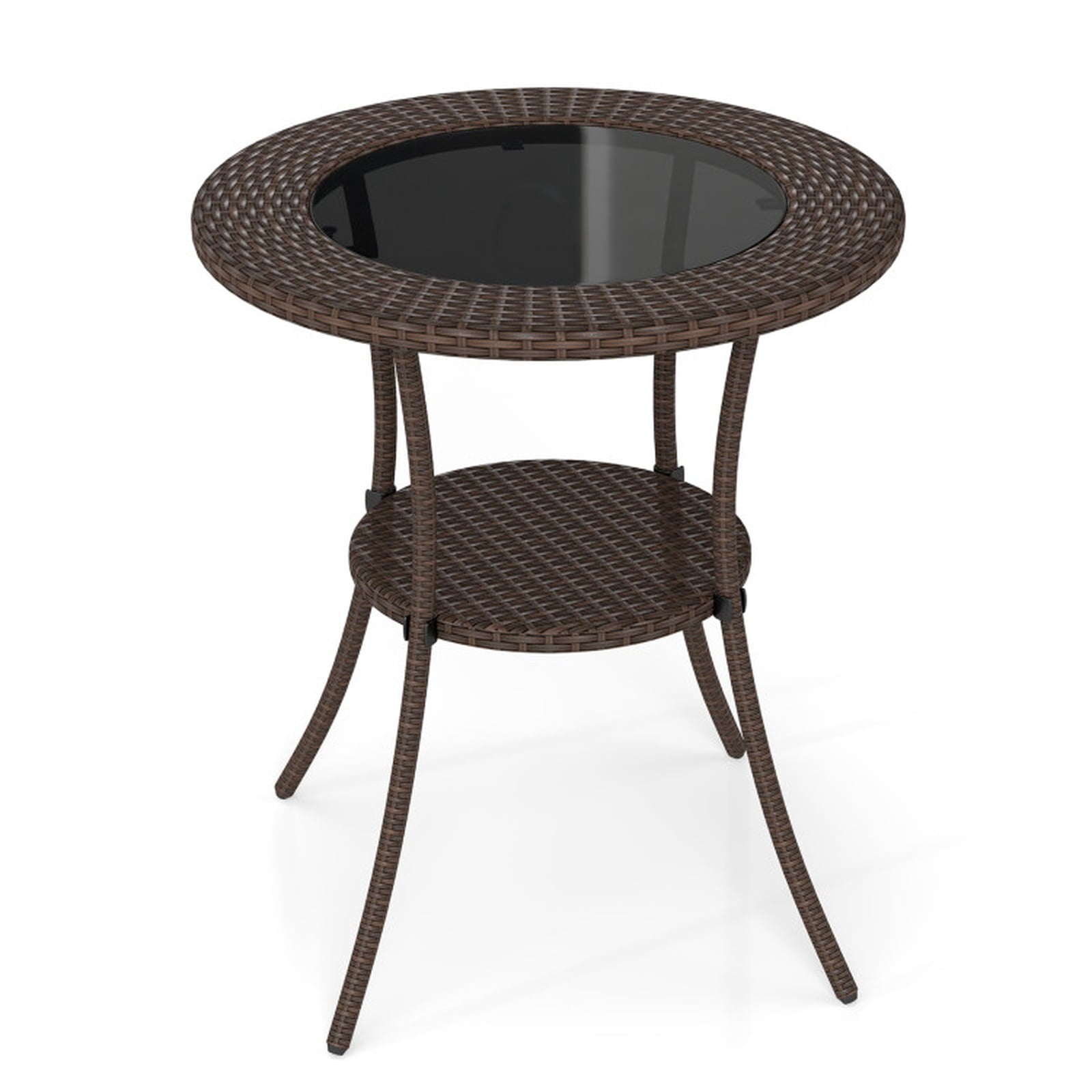 Biotree 25.5-Inch PE Wicker Patio Bistro Table Round with Tempered Glass Top and Shelf, Black