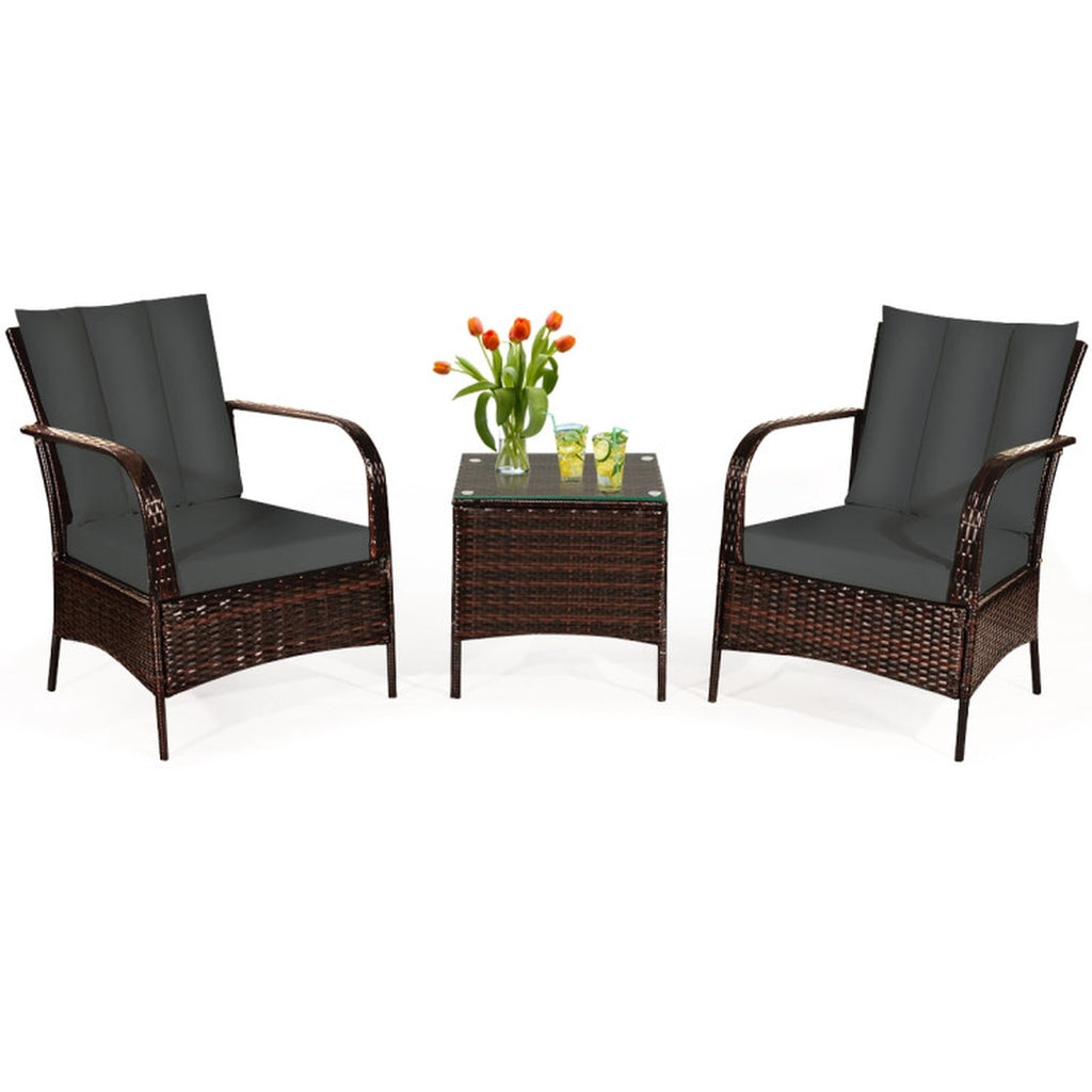 Biotree 3 Pcs Patio Conversation Rattan Furniture Set with Glass Top Coffee Table and CushionsGray