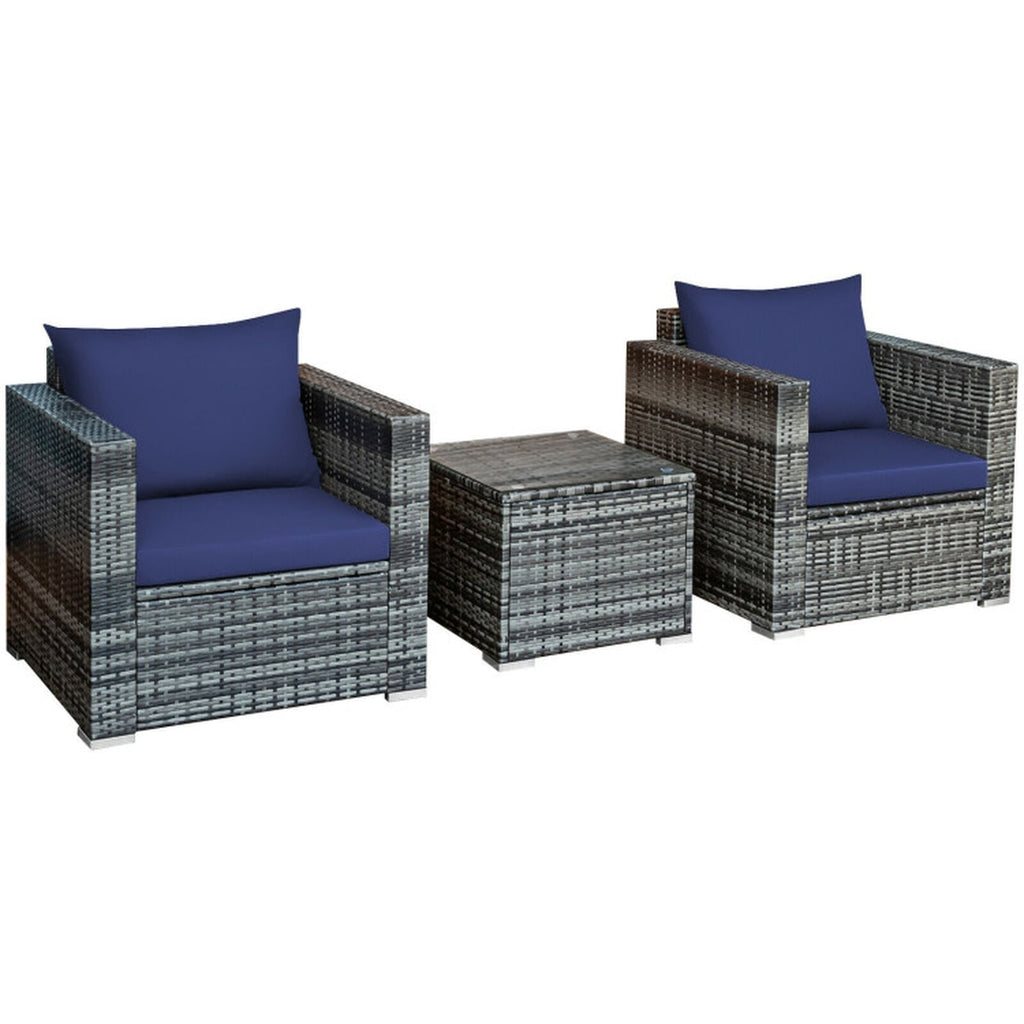 Biotree 3 Pcs Patio Rattan Furniture Bistro Sofa Set with Cushioned Outdoor Conversation Set for Garden Backyard PorchNavy