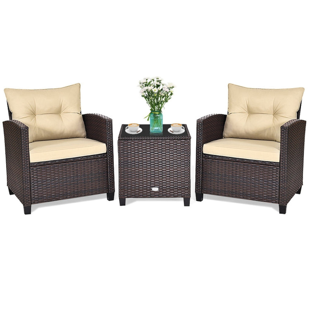 Biotree 3 Pcs Patio Rattan Furniture Set Cushioned Conversation Set Coffee Table Outdoor Conversation Set for Garden Backyard PorchBeige
