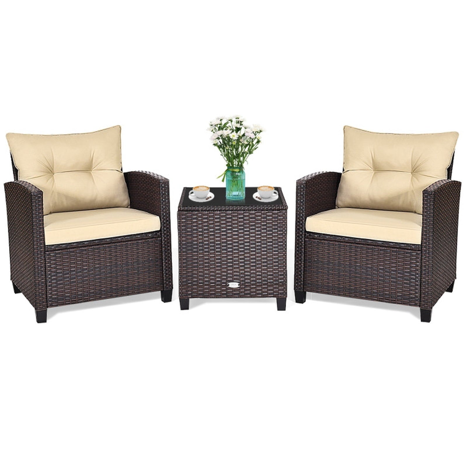 Biotree 3 Pcs Patio Rattan Furniture Set Cushioned Conversation Set Coffee Table Outdoor Conversation Set for Garden Backyard PorchBeige