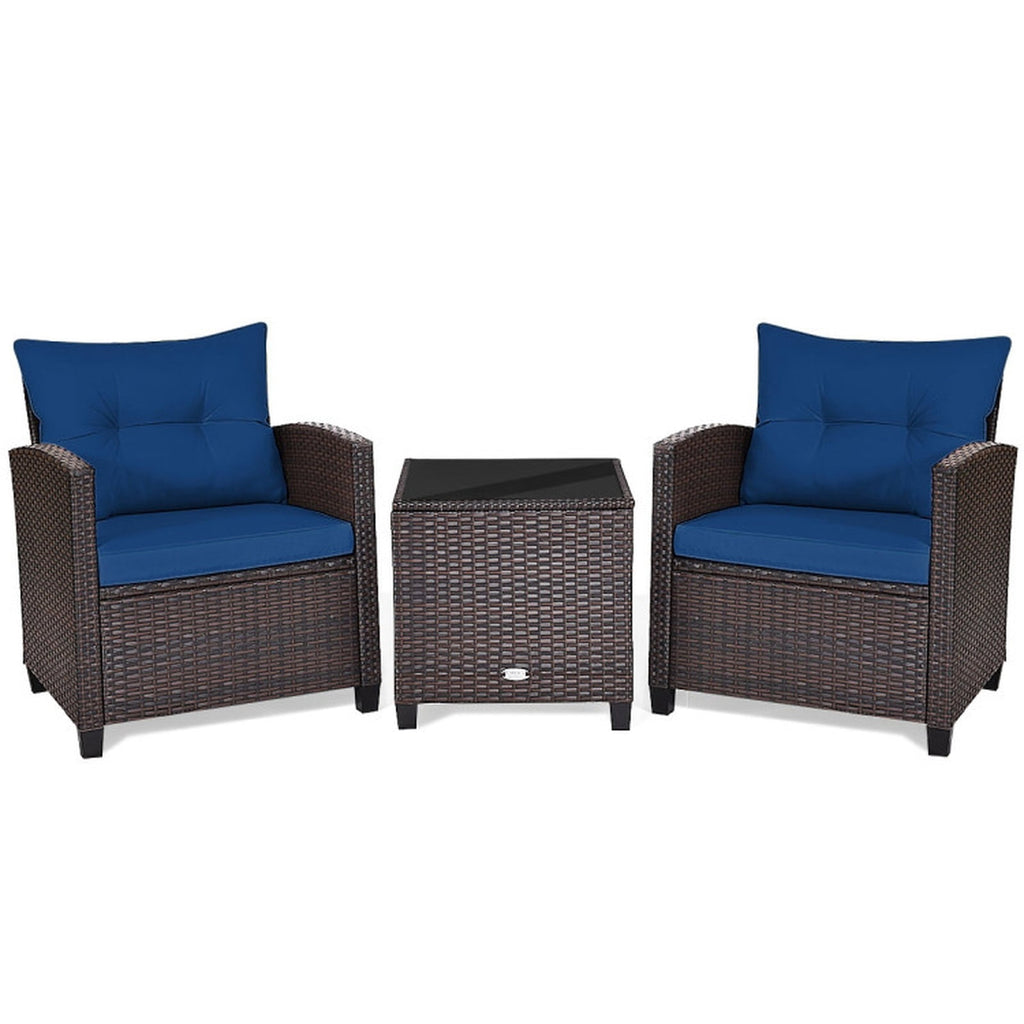 Biotree 3 Pcs Patio Rattan Furniture Set Cushioned Conversation Set Coffee Table Outdoor Conversation Set for Garden Backyard PorchNavy
